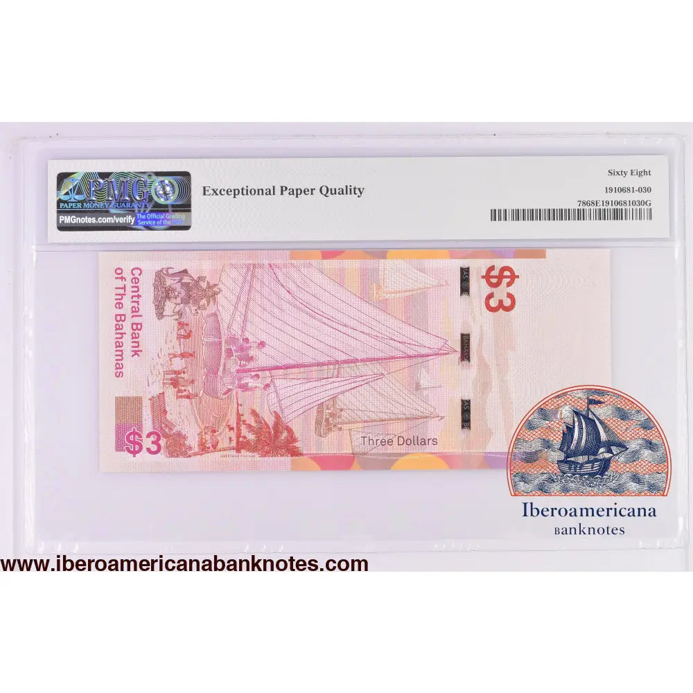 Bahamas 3 Dollars 2019 Elizabeth II P-78 PMG68EPQ