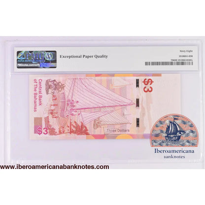 Bahamas 3 Dollars 2019 Elizabeth II P-78 PMG68EPQ