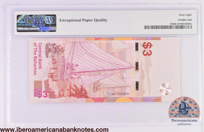 Bahamas 3 Dollars 2019 Elizabeth II P-78 PMG68EPQ