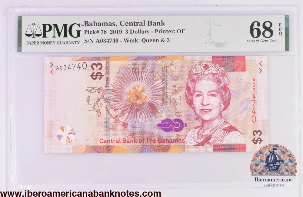 Bahamas 3 Dollars 2019 Elizabeth II P-78 PMG68EPQ