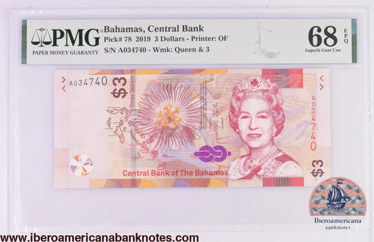 Bahamas 3 Dollars 2019 Elizabeth II P-78 PMG68EPQ