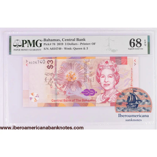 Bahamas 3 Dollars 2019 Elizabeth II P-78 PMG68EPQ