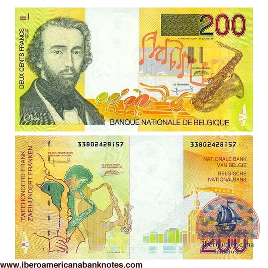 Billete de Bélgica de 200 francos de 1996, anverso con el retrato de Adolphe Sax y reverso con saxofonistas y el pueblo de Dinant, en amarillo y verde