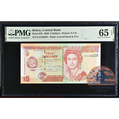 Belize 5 Dollars 2020 Pick67h PMG 65 EPQ
