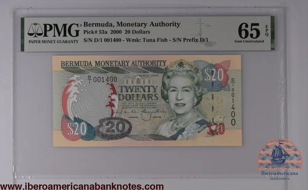 Bermuda 20 Dollars 2000 Pick 53a PMG 65 EPQ