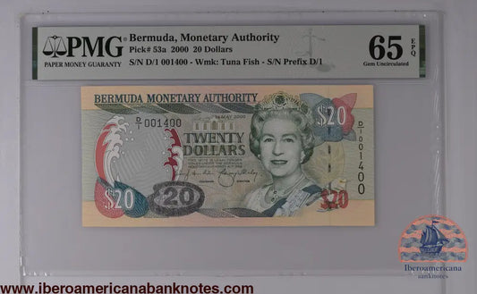 Bermuda 20 Dollars 2000 Pick 53a PMG 65 EPQ