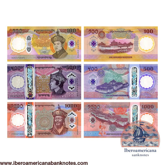 Set de billetes de 100, 500 y 1000 ngultrum de Bután de 2025, Pick 43, 44 y 45, sin circular. Anversos a la izquierda con los reyes Jigme Khesar Namgyel, Jigme Singye y Ugyen Wangchuck; reversos a la derecha con los dzongs de Tashichho, Punakha y Trongsa.