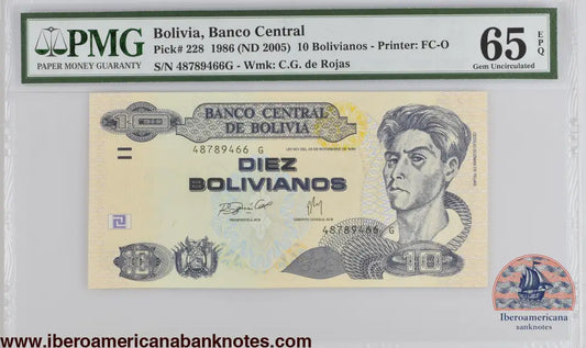Bolivia 1986 (ND 2005) P-228 PMG Gem UNC 65 EPQ 10 Bolivianos