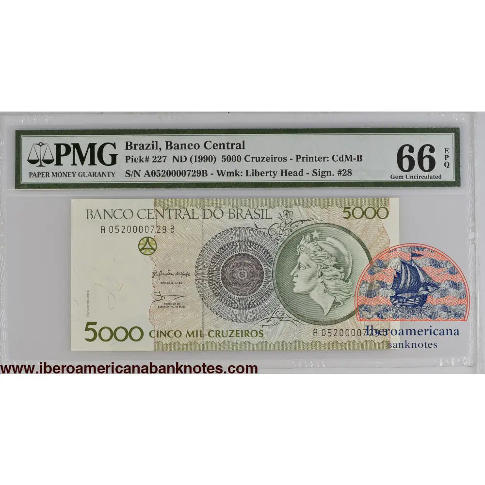 Brazil ND (1990) P-227 PMG Gem UNC 66 EPQ 5000 Cruzeiros