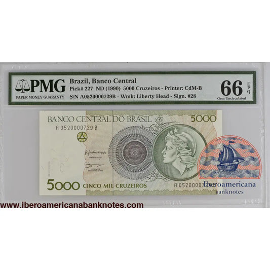 Brazil ND (1990) P-227 PMG Gem UNC 66 EPQ 5000 Cruzeiros