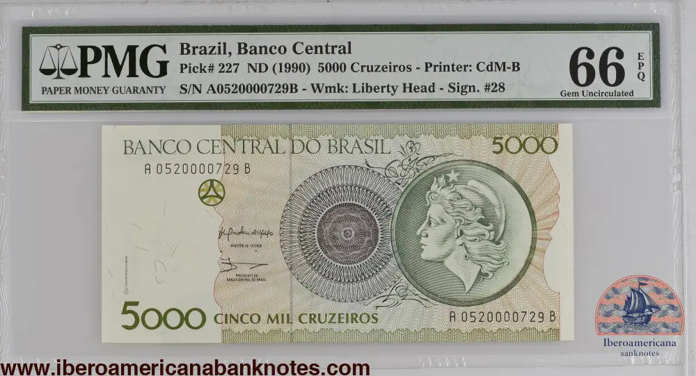 Brazil ND (1990) P-227 PMG Gem UNC 66 EPQ 5000 Cruzeiros