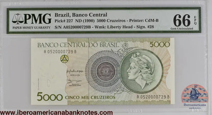 Brazil ND (1990) P-227 PMG Gem UNC 66 EPQ 5000 Cruzeiros
