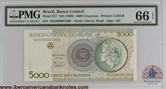 Brazil ND (1990) P-227 PMG Gem UNC 66 EPQ 5000 Cruzeiros