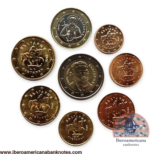 Set de las ocho monedas de euro de Bulgaria de 2026, sin circular. Cara nacional: Jinete de Madara en los céntimos, san Iván de Rila en la moneda de 1 euro y Paisi de Hilendar en la de 2 euros.