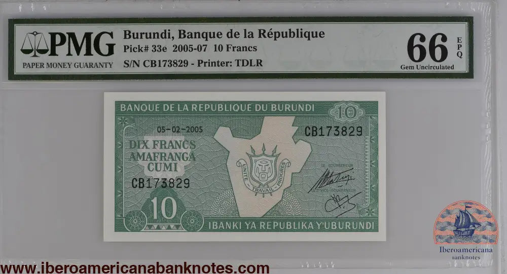 Burundi 5.2.2005 P-33e PMG Gem UNC 66 EPQ 10 Francs