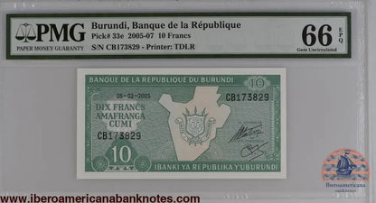 Burundi 5.2.2005 P-33e PMG Gem UNC 66 EPQ 10 Francs