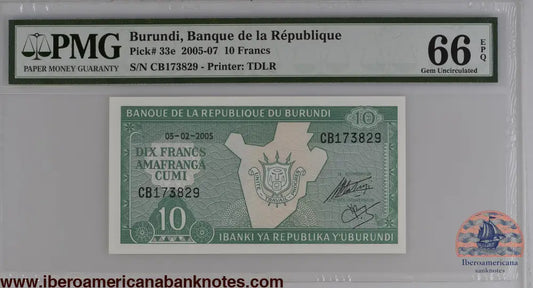 Burundi 5.2.2005 P-33e PMG Gem UNC 66 EPQ 10 Francs