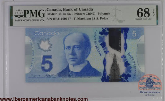 Canada 2013 BC-69b PMG Superb Gem UNC 68 EPQ 5 Dollars