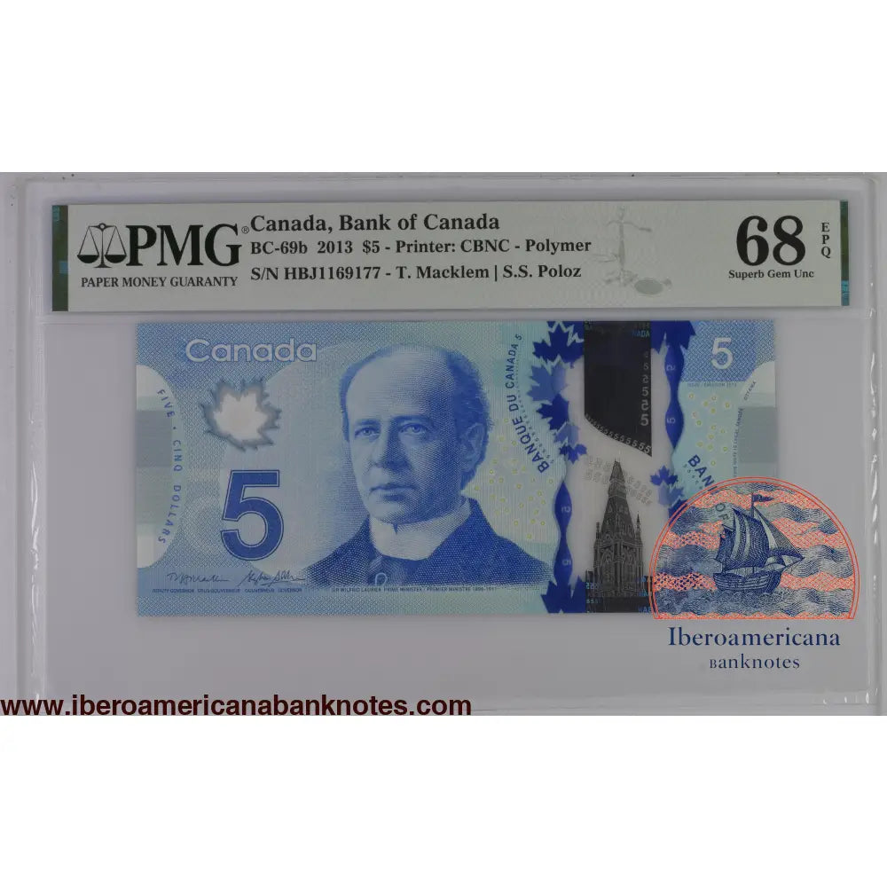 Canada 2013 BC-69b PMG Superb Gem UNC 68 EPQ 5 Dollars