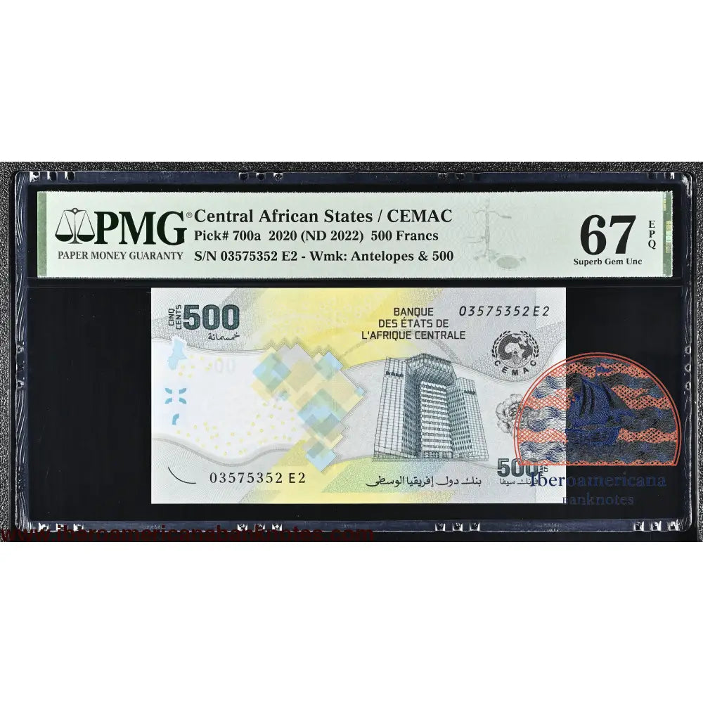 Central African States- CEMAC - 500 Francs 2020 (ND 2022) - Pick # 700a - PMG 67 EPQ
