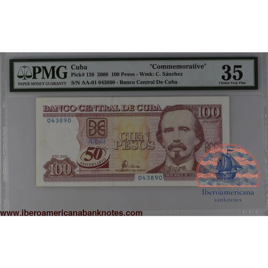 Billete de 100 pesos de Cuba de 2000, Pick 120, conmemorativo del 50 aniversario de la banca central cubana, de primer prefijo de emisión, certificado PMG 35, circulado, con dobleces y desgaste propios del uso. Anverso con el retrato de Carlos Manuel de Céspedes; reverso con José Martí y una vista de La Habana.