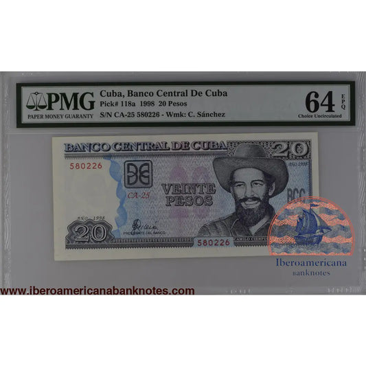 Billete de 20 pesos de Cuba de 1998, Pick 118a, certificado PMG 64 EPQ, sin circular. Anverso con el retrato de Camilo Cienfuegos; reverso con una escena de desarrollo agrícola, con campesinos recolectando plátanos y tractores en el campo.