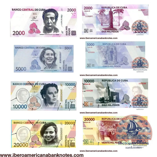 Set de billetes de 2000, 5000, 10000 y 20000 pesos de Cuba de 2026, Pick 145, 146, 147 y 148, sin circular. Anversos con Mariana Grajales Cuello, Celia Sánchez Manduley, Haydée Santamaría Cuadrado y Vilma Espín Guillois; reversos con el Monumento a la Madre de la Patria, el memorial de Celia Sánchez, la Casa de las Américas y la Federación de Mujeres Cubanas.