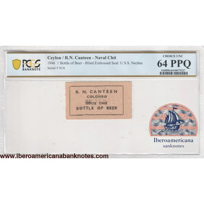 Ceylon 30.5.1946 PCGS Choice UNC 64 PPQ 1 Bottle of Beer