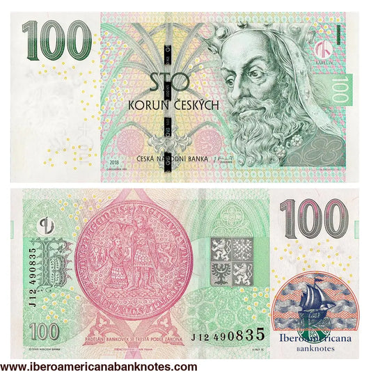 Billete de la República Checa de 100 coronas de 2018, anverso con el retrato de Carlos IV y reverso con el sello de la Universidad Carolina, en verde y rosa