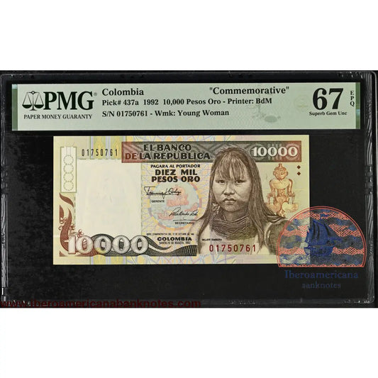 Colombia. 10000 Pesos 1992 P-437a First Date PMG 67 EPQ commemorative