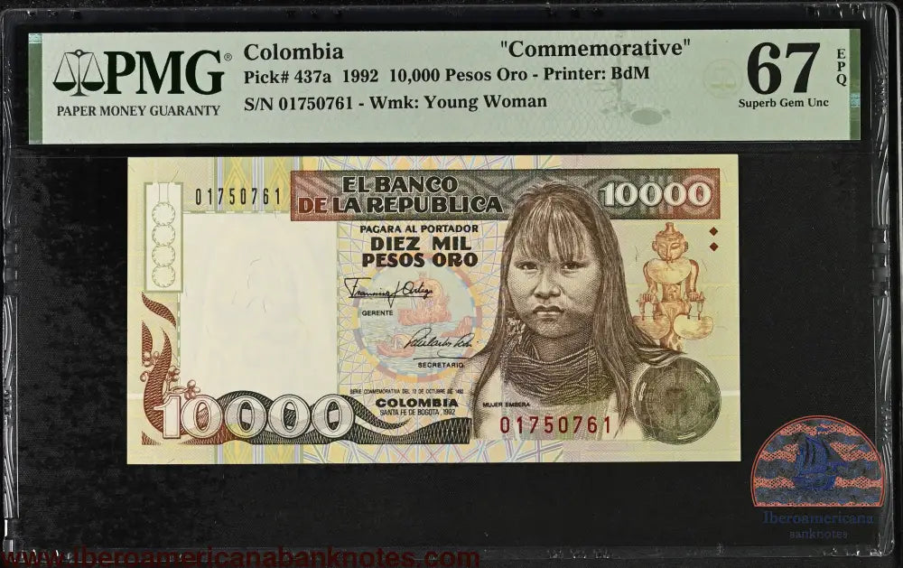 Colombia. 10000 Pesos 1992 P-437a First Date PMG 67 EPQ commemorative