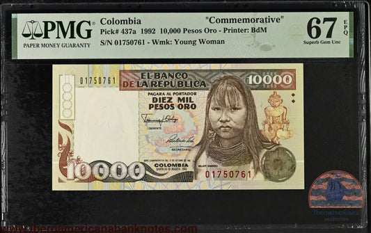 Colombia. 10000 Pesos 1992 P-437a First Date PMG 67 EPQ commemorative