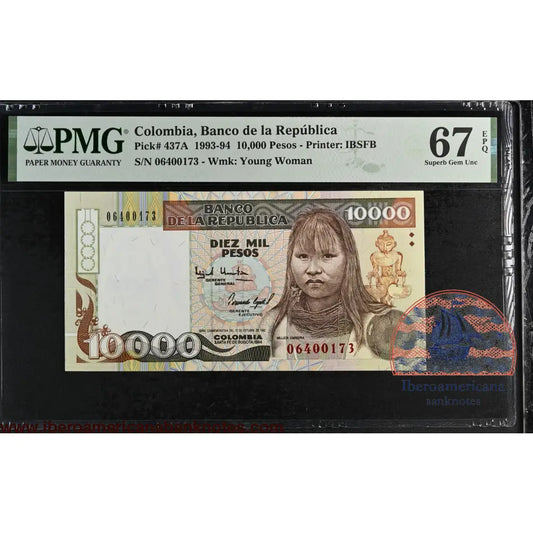 Colombia. 10000 Pesos 1994 P-437A PMG 67 EPQ
