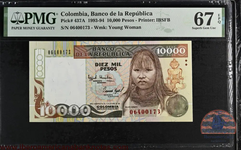 Colombia. 10000 Pesos 1994 P-437A PMG 67 EPQ