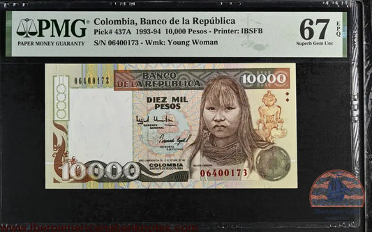 Colombia. 10000 Pesos 1994 P-437A PMG 67 EPQ