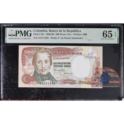 Colombia 12.10.1990 P-431 PMG Gem UNC 65 EPQ 500 Pesos Oro