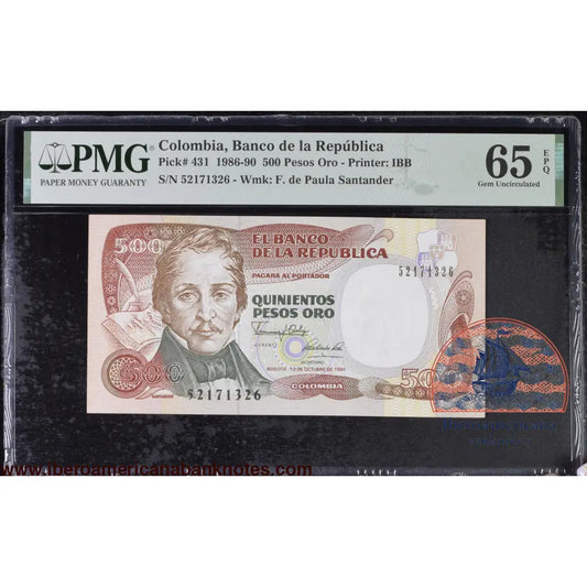Colombia 12.10.1990 P-431 PMG Gem UNC 65 EPQ 500 Pesos Oro