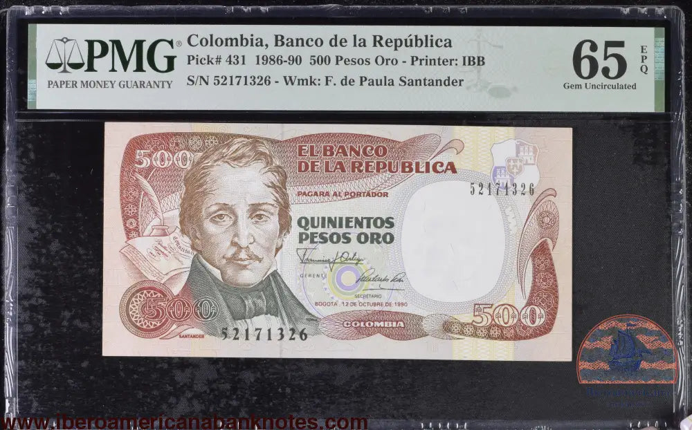 Colombia 12.10.1990 P-431 PMG Gem UNC 65 EPQ 500 Pesos Oro