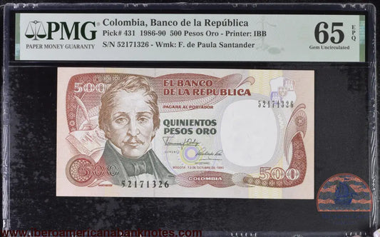 Colombia 12.10.1990 P-431 PMG Gem UNC 65 EPQ 500 Pesos Oro