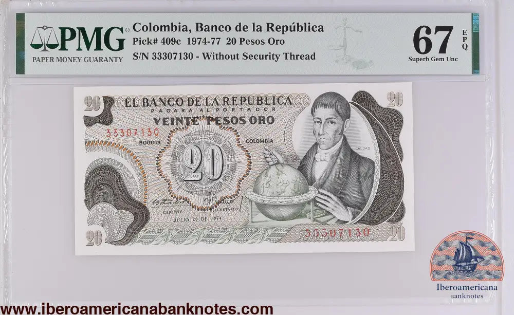 Colombia 20.7.1974 P-409c PMG Superb Gem UNC 67 EPQ 20 Pesos Oro