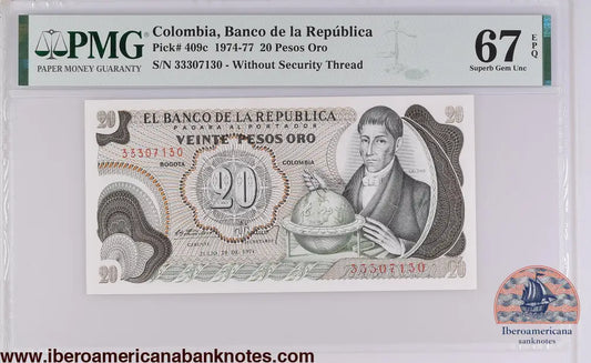 Colombia 20.7.1974 P-409c PMG Superb Gem UNC 67 EPQ 20 Pesos Oro