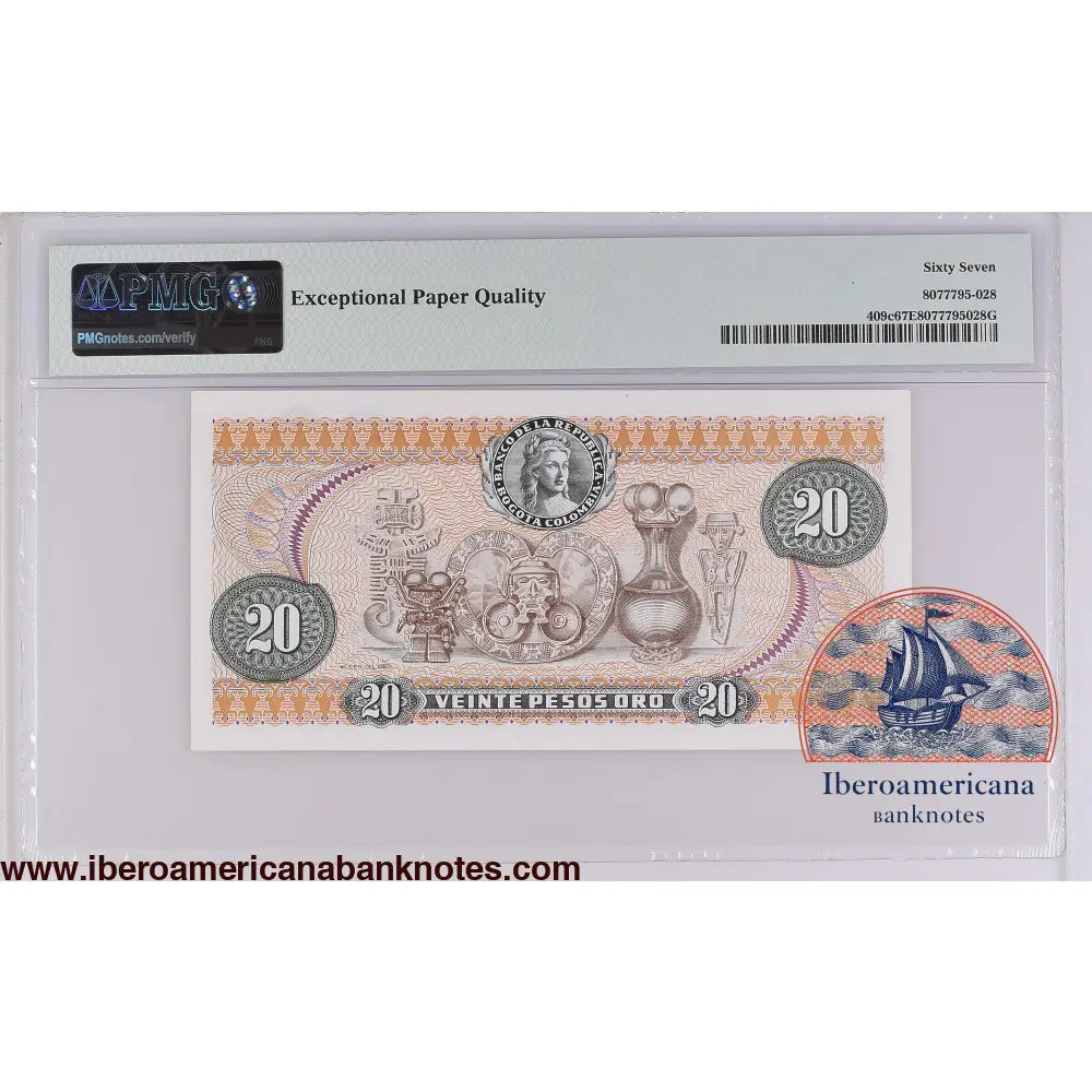 Colombia 20.7.1974 P-409c PMG Superb Gem UNC 67 EPQ 20 Pesos Oro