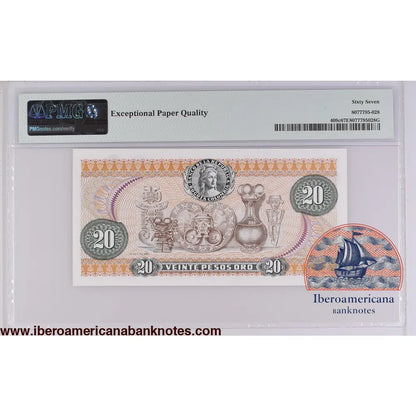 Colombia 20.7.1974 P-409c PMG Superb Gem UNC 67 EPQ 20 Pesos Oro