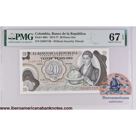 Colombia 20.7.1974 P-409c PMG Superb Gem UNC 67 EPQ 20 Pesos Oro