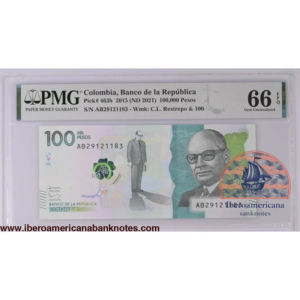 Colombia 2015 (ND 2021) P-463b PMG Gem UNC 66 EPQ 100,000 Pesos