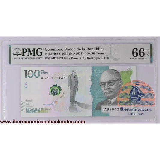Colombia 2015 (ND 2021) P-463b PMG Gem UNC 66 EPQ 100,000 Pesos