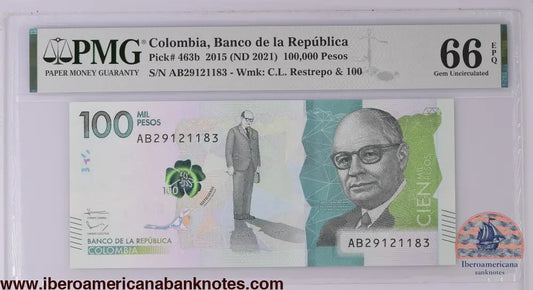 Colombia 2015 (ND 2021) P-463b PMG Gem UNC 66 EPQ 100,000 Pesos