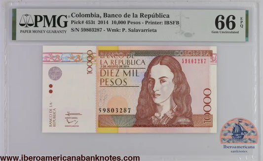 Colombia 3.8.2014 P-453t PMG Gem UNC 66 EPQ 10,000 Pesos