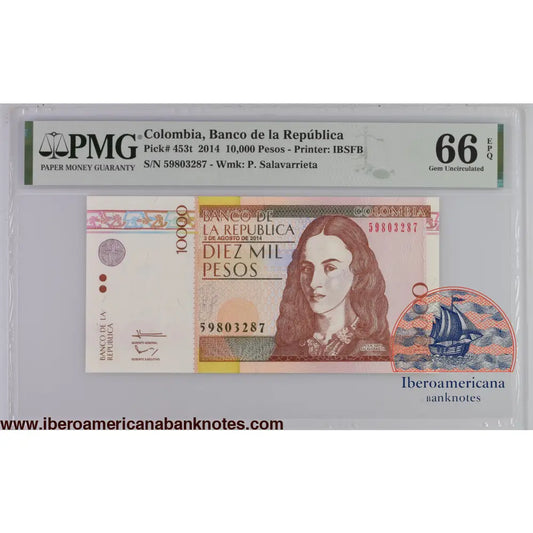 Colombia 3.8.2014 P-453t PMG Gem UNC 66 EPQ 10,000 Pesos