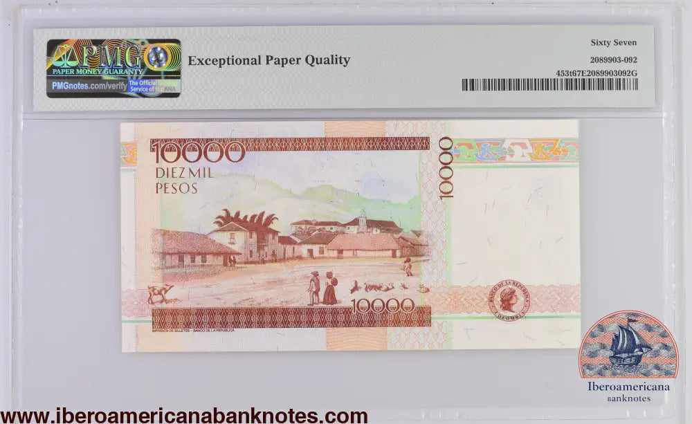 Colombia 3.8.2014 P-453t PMG Superb Gem UNC 67 EPQ 10,000 Pesos